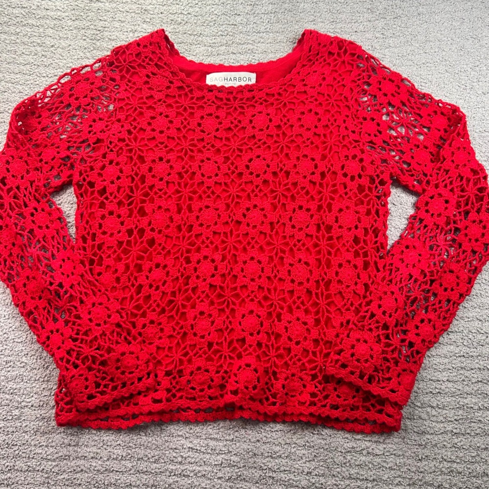 Sag Harbor Crochet Knit Top Floral Boho Red PM Vintage Retro Coquette 90s Style